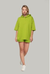 Летний костюм: футболка оверсайз с капюшоном и шорты с высокой талией салатовый (лайм)