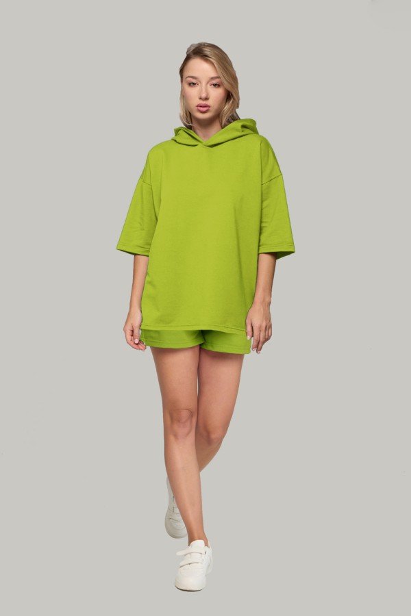  Suit white T-short hooded and shorts XS-38-40-Woman-(Женский)    Летний костюм: футболка оверсайз с капюшоном и шорты с высокой талией салатовый (лайм) 
