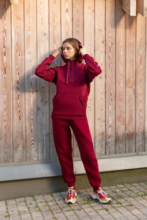 Бордовый женский утепленный спортивный костюм: худи-анорак и брюки