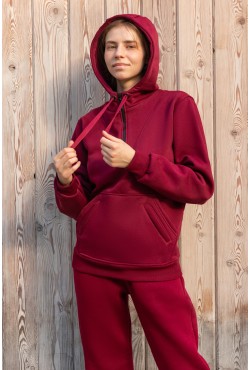 Бордовый женский утепленный спортивный костюм: худи-анорак и брюки