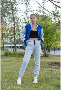 Женский спортивный костюм: васильковый (синий) бомбер и серые брюки