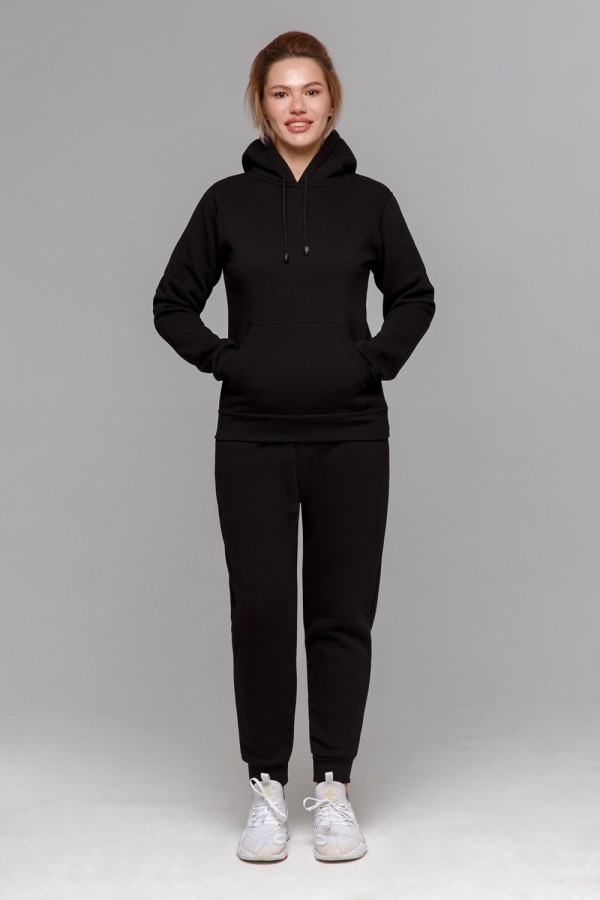 Зимний женский спортивный костюм: черная толстовкас капюшоном и черные брюки утепленные   Магазин Толстовок Женский Спортивный костюм: худи с капюшоном и спортивные брюки 