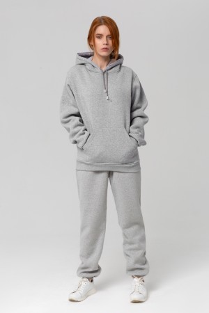 Зимний женский спортивный костюм: серая толстовкас капюшоном и серые брюки утепленные