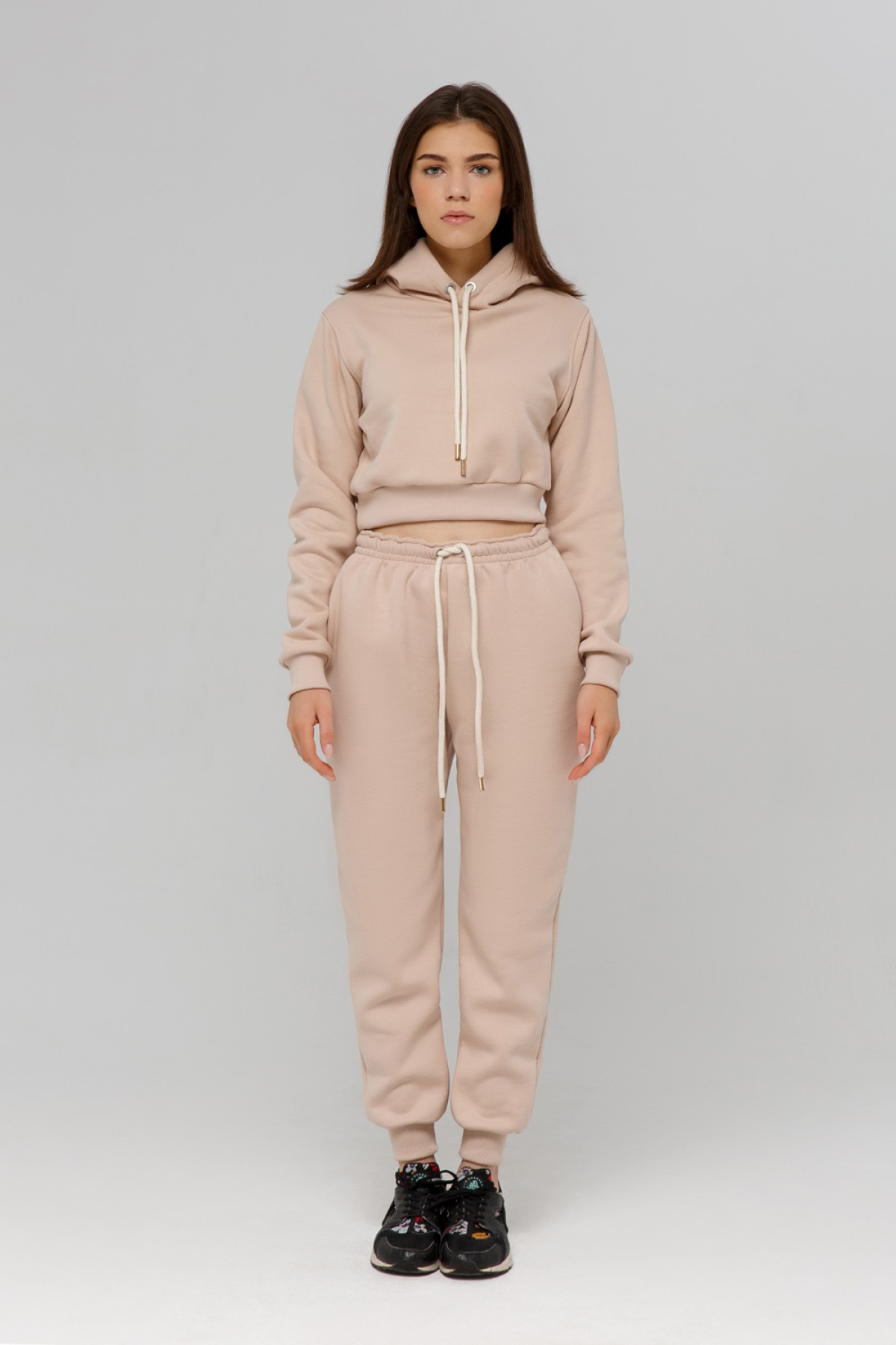 Crop-Top-Hoodie & Joggers Sport BEIGE - Укороченная худи и Джоггеры Бежевые — фото 2