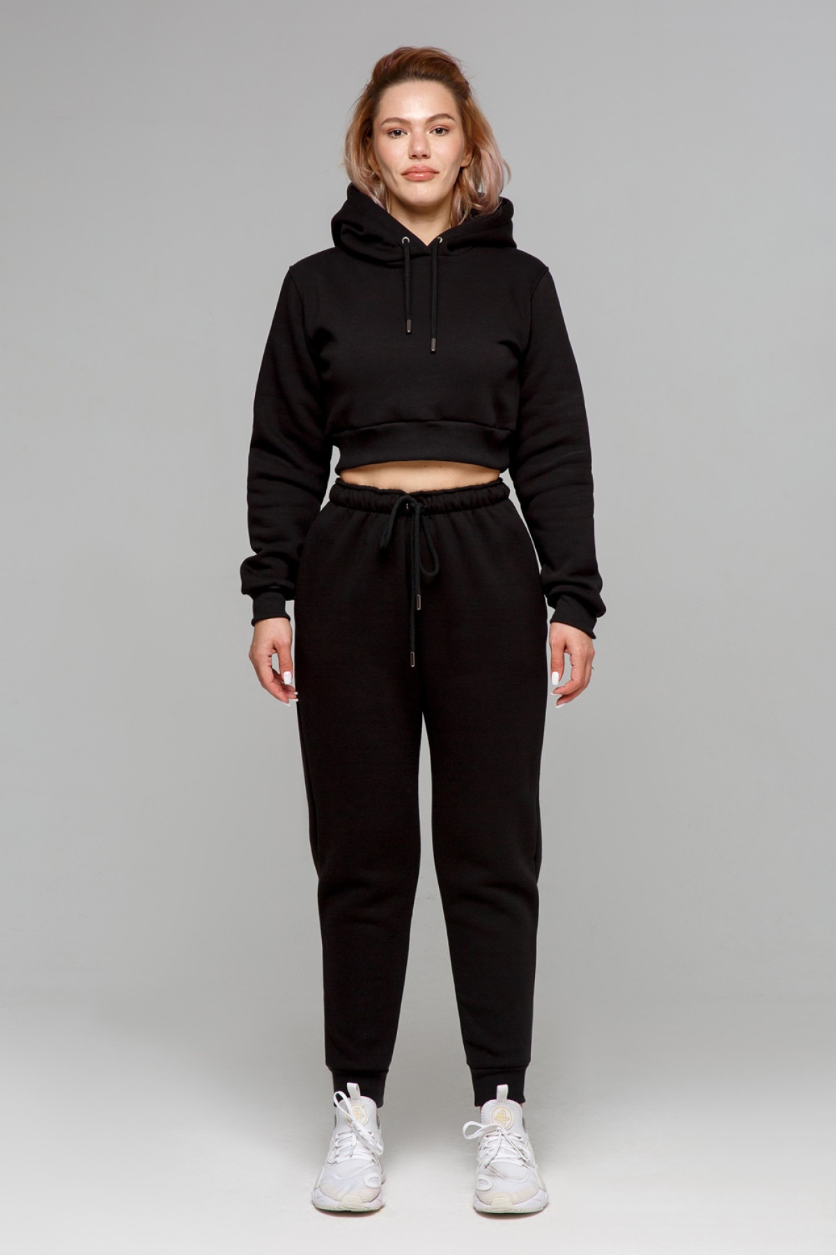 Crop-Top-Hoodie & Joggers Sport BLACK - костюм женский короткая худи и джоггеры — фото 2