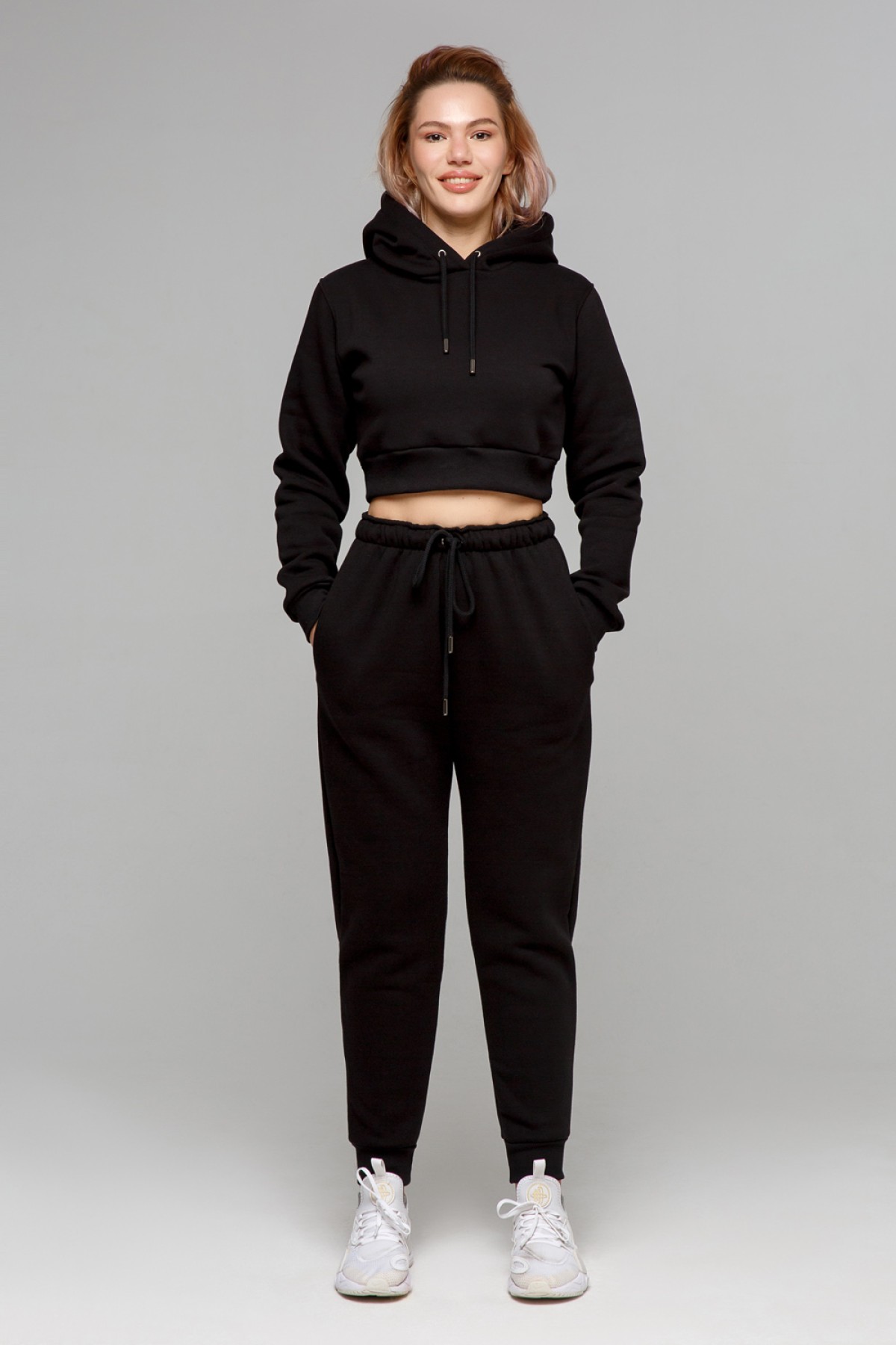 Crop-Top-Hoodie & Joggers Sport BLACK - костюм женский короткая худи и джоггеры — фото 3