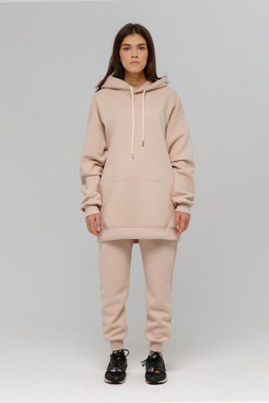 Бежевый спортивный костюм оверсайз утепленный: худи oversize и брюки джоггеры