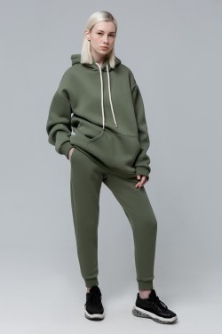 Спортивный костюм болотный зеленый оверсайз утепленный: худи oversize и брюки джоггеры