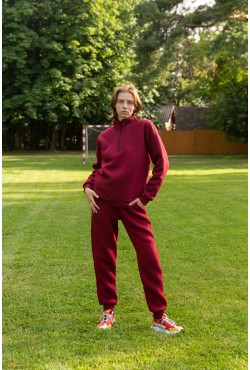 Женский зимний спортивный костюм бордовый: пуловер с короткой молнией спортивные брюки
