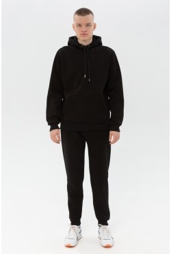 Мужской зимний спортивный костюм черный: худи с короткой молнией-анорак и теплые спортивные брюки