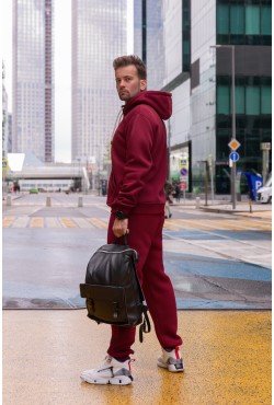 Мужской зимний спортивный костюм бордовый: худи с короткой молнией-анорак и теплые спортивные брюки