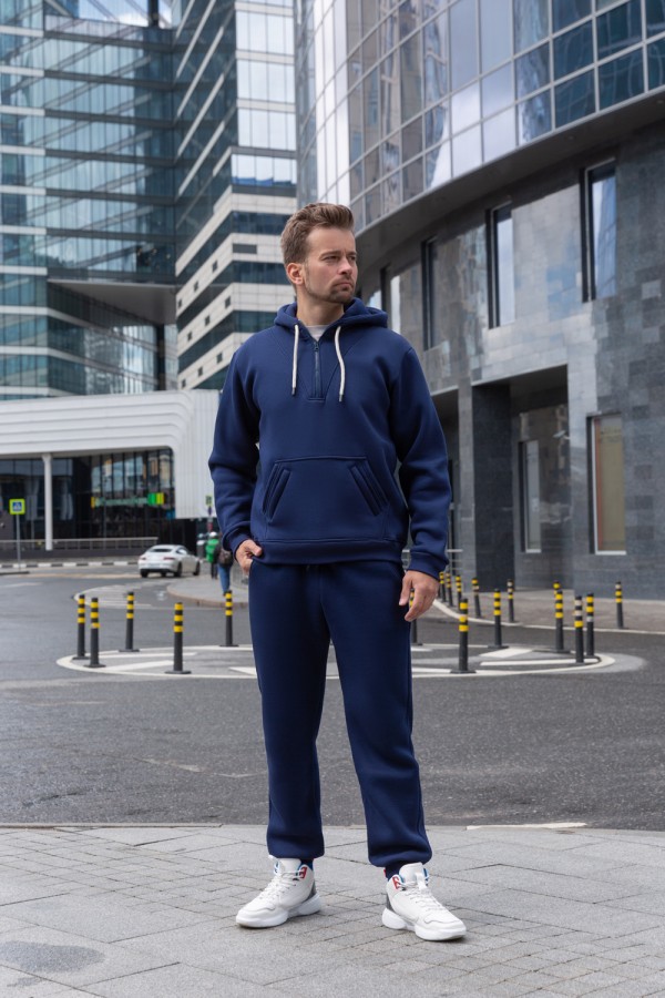 Jogging suit: Anorak zip-hoodie and Sport pants «Dark Blue» S-46-Unisex-(Мужской)    Мужской зимний спортивный костюм темно-синий: худи с короткой молнией-анорак и теплые спортивные брюки 