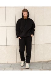 Черный мужской спортивный костюм оверсайз худи и брюки утепленный