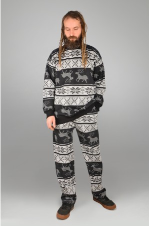 Мужской спортивный костюм оверсайз утепленный: свитшот и брюки с принтом олени