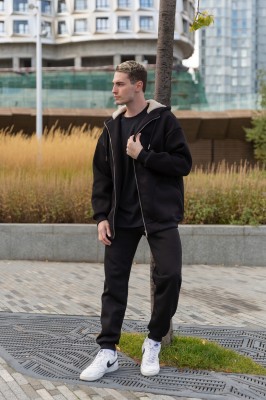 Зипка худи на молнии оверсайз с брюками с начесом, лаконичный спортивный костюм на зиму оптом без принта - подходит под брендирование