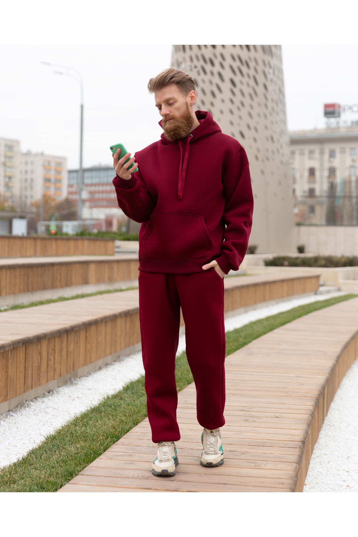 Спортивный костюм бордовый худи и брюки премиум утепленные | Premium tracksuit bordo color — фото 2