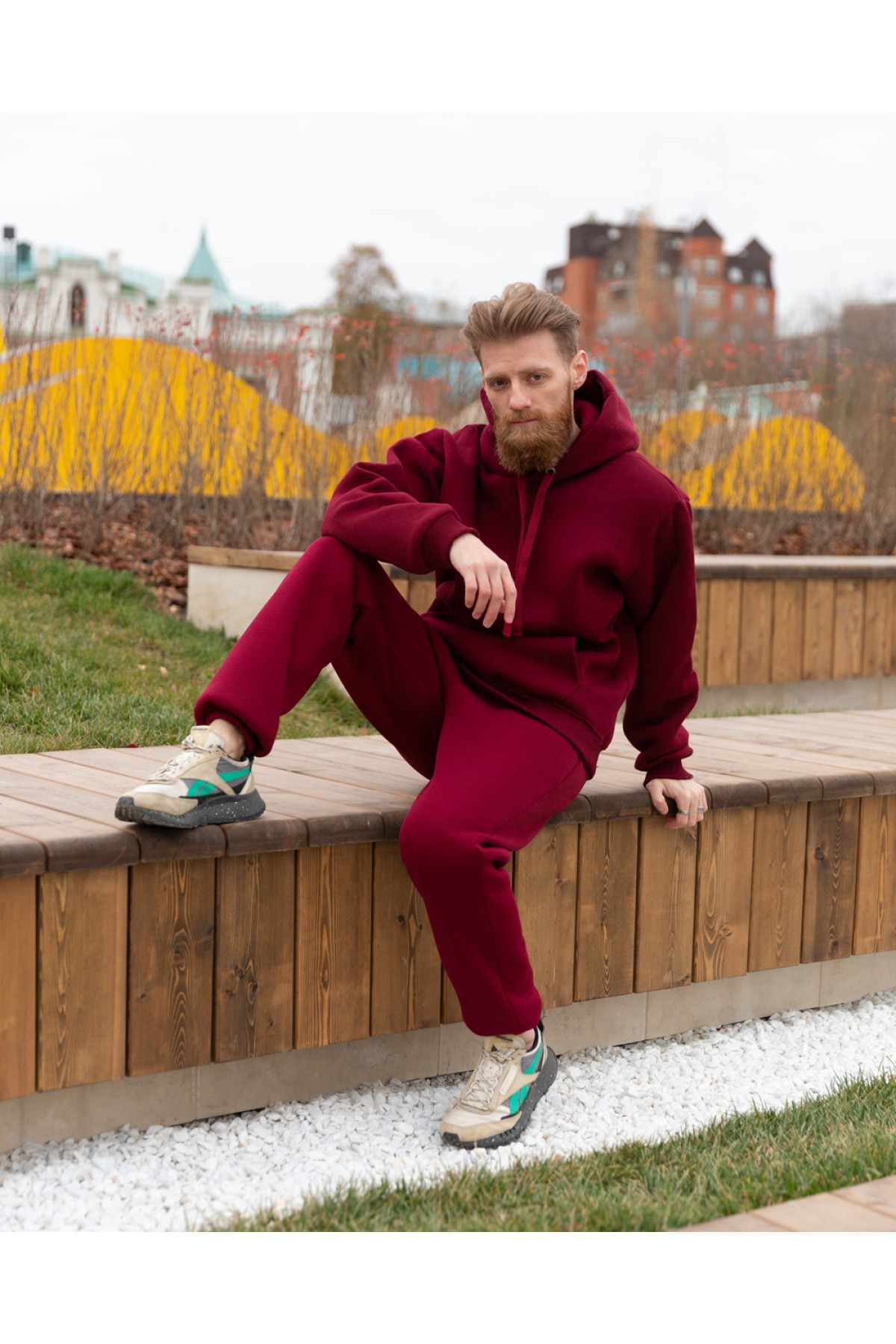 Спортивный костюм бордовый худи и брюки премиум утепленные | Premium tracksuit bordo color — фото 4