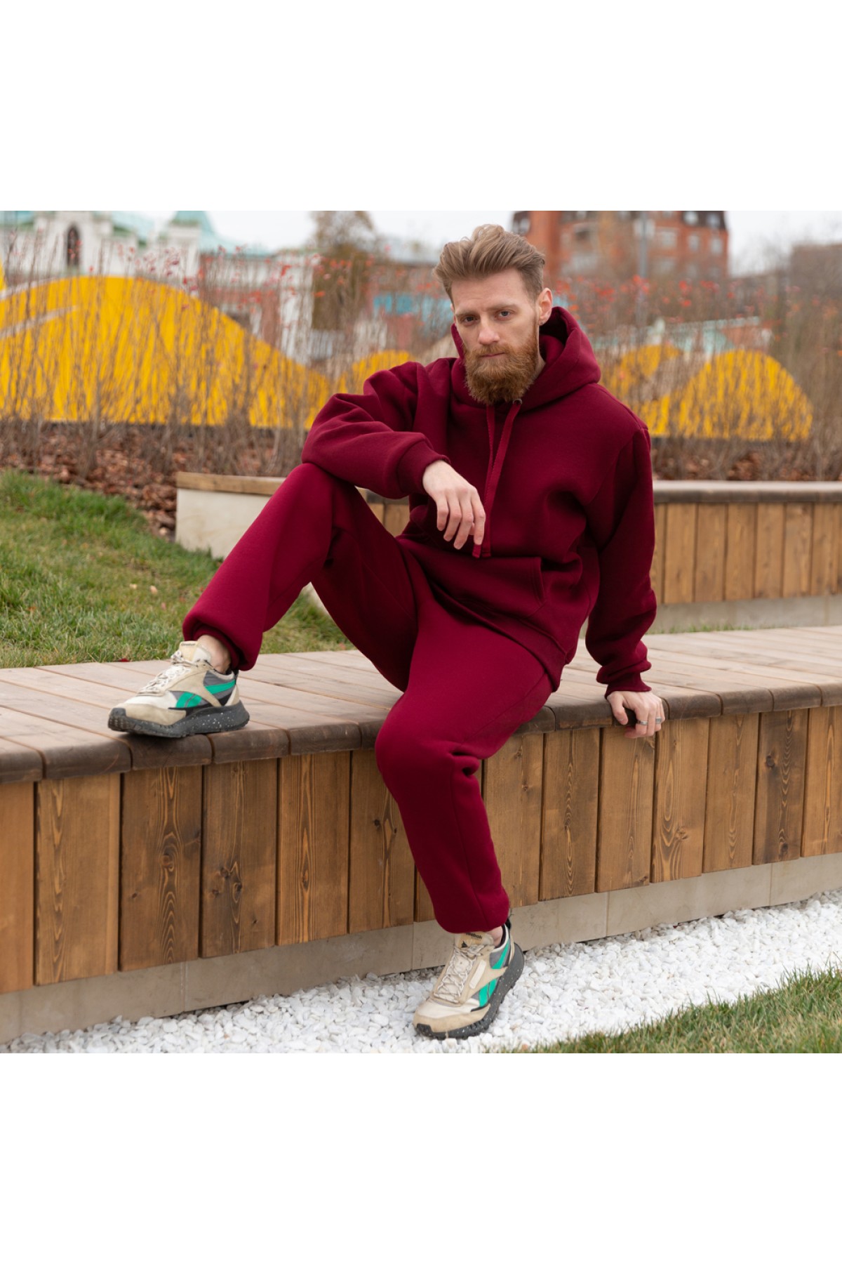 Спортивный костюм бордовый худи и брюки премиум утепленные | Premium tracksuit bordo color — фото 3