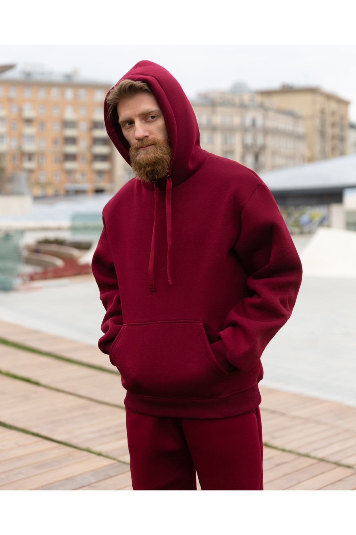 Спортивный костюм бордовый худи и брюки премиум утепленные | Premium tracksuit bordo color — фото 7