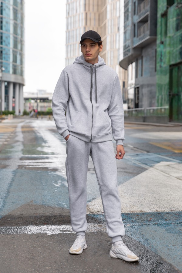  Premium Sport Suit Gray melange Man XL-52-Unisex-(Мужской)    Премиум костюм мужской зимний - худи серый меланж и брюки на молнии 