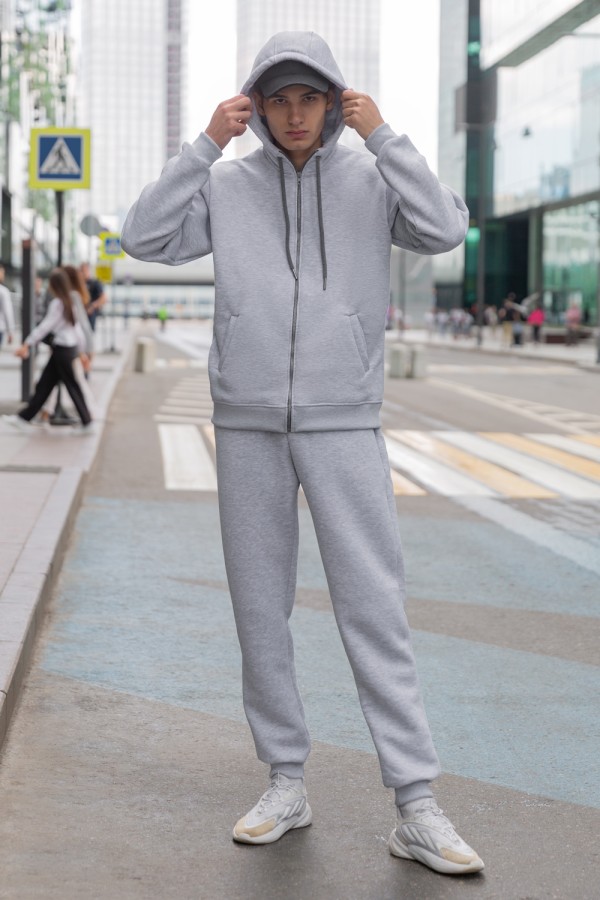 Премиум костюм мужской зимний - худи серый меланж и брюки на молнии   Магазин Толстовок Спортивный костюм: толстовка на молнии и спортивные брюки - Мужские
