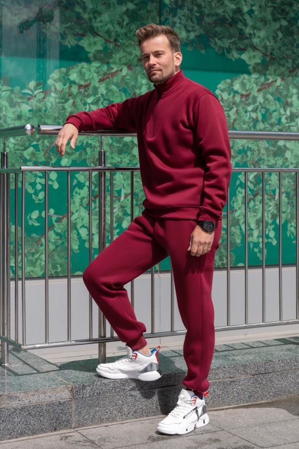  Bordeaux Olympic sweatshirt and sport pans M-48-Unisex-(Мужской)    Мужской зимний спортивный костюм бордовый: пуловер с короткой молнией и теплые спортивные брюки 