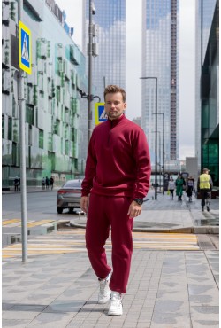 Мужской зимний спортивный костюм бордовый: пуловер с короткой молнией и теплые спортивные брюки