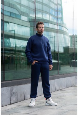 Мужской зимний спортивный костюм темно-синий: cвитшот с короткой молнией и теплые спортивные брюки