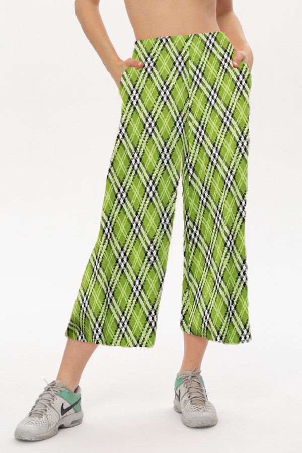 Брюки кюлоты с принтом Тартан (салатовые) женские летние Culottes lime Tartan summer S-40-42-Woman-(Женский) Брюки кюлоты с принтом Тартан (салатовые) женские летние