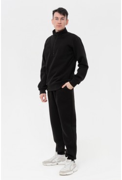 Мужской зимний спортивный костюм черный: свитшот с короткой молнией и телые спортивные брюки