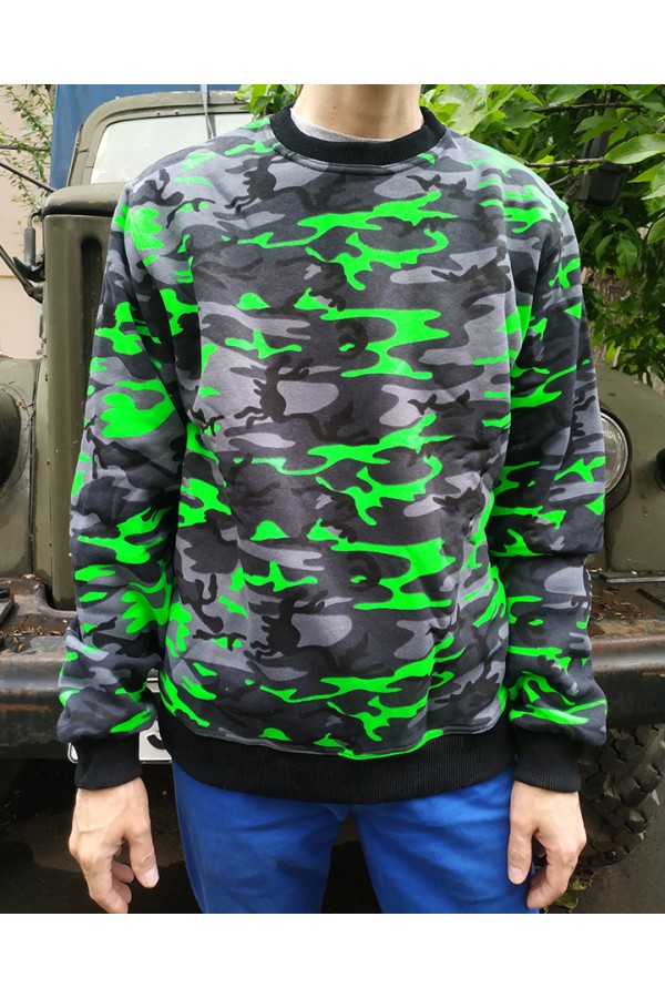 Неоновый зеленый свитшот милитари мужской с начесом