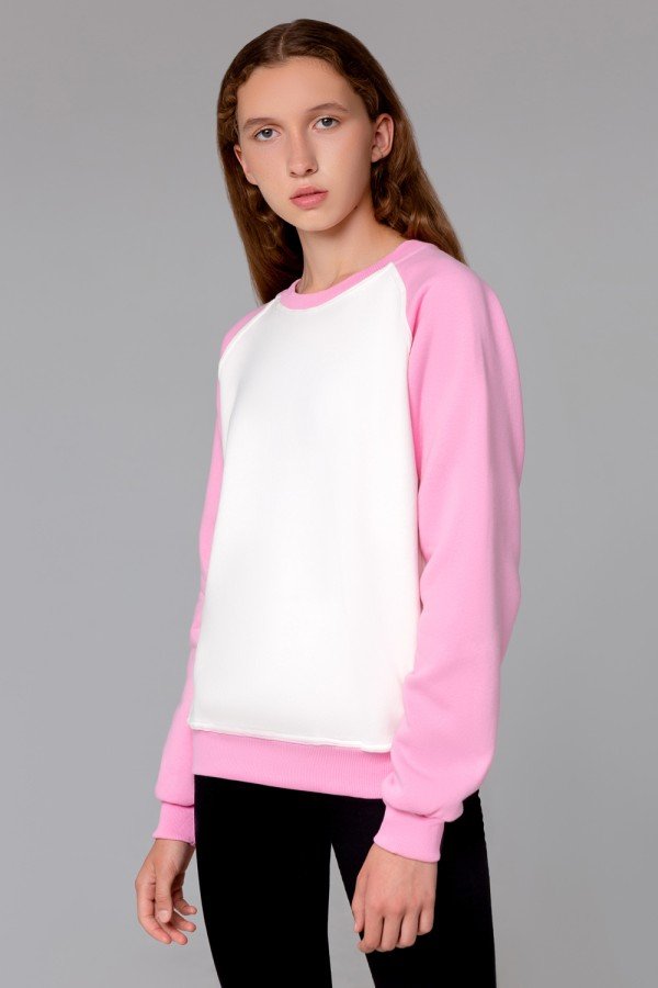  Pink-Milk Sweatshirt Reglan 320 S-40-42-Woman-(Женский)    Женский свитшот реглан молочный с розовым рукавом утепленный 