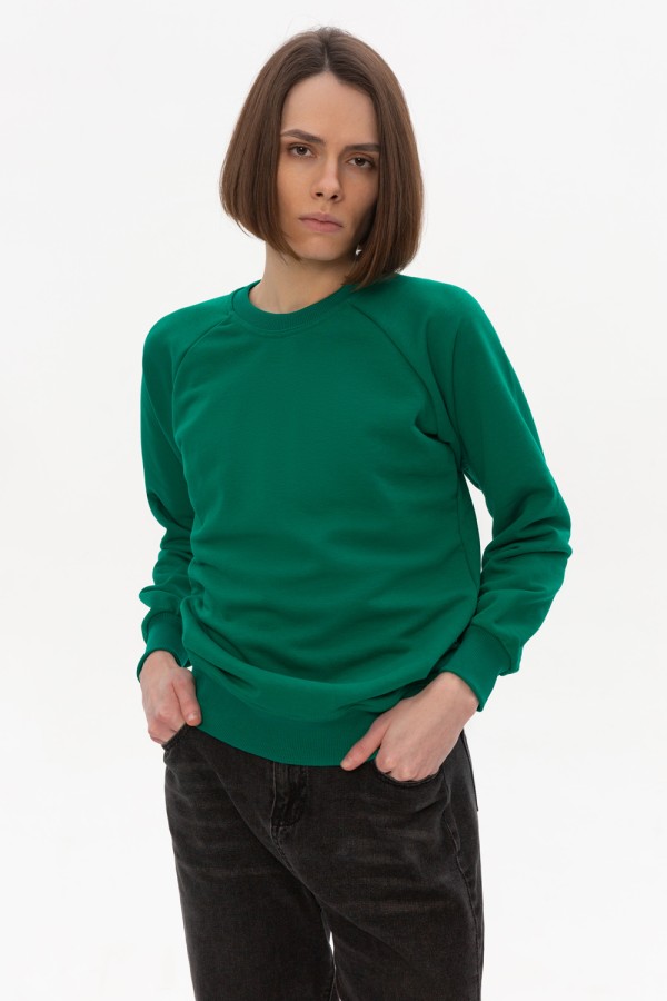  Green sweatshirt reglan woman DG 2XL-48-50-Woman-(Женский)    Женский зеленый свитшот с рукавом реглан петельный (демисезон) 