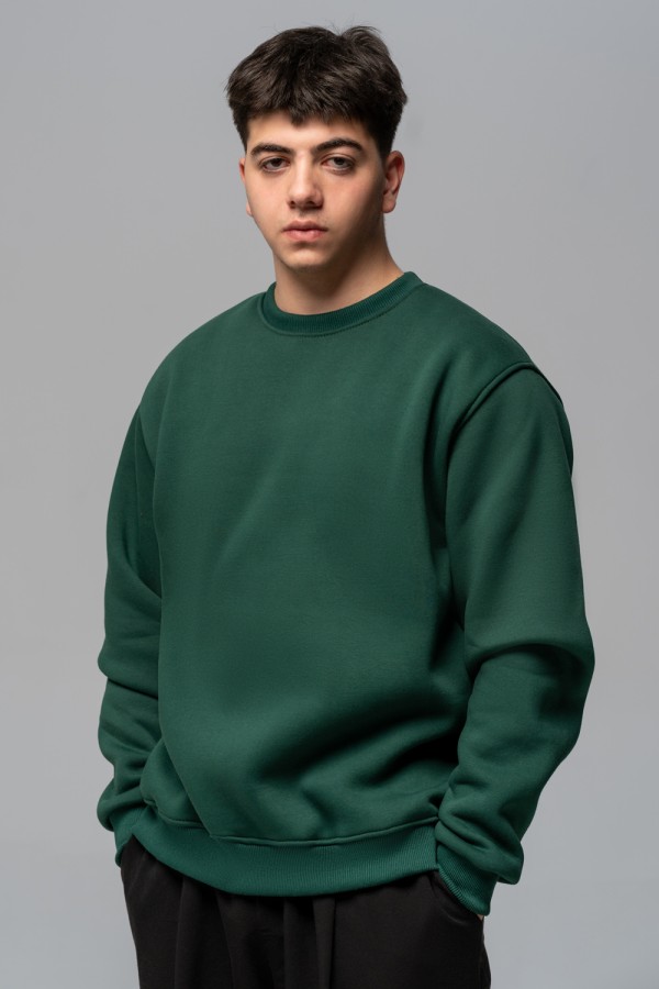  Dark green sweatshirt Man Winter M-48-Unisex-(Мужской)    Мужской свитшот темно-зеленый утепленный с начесом 