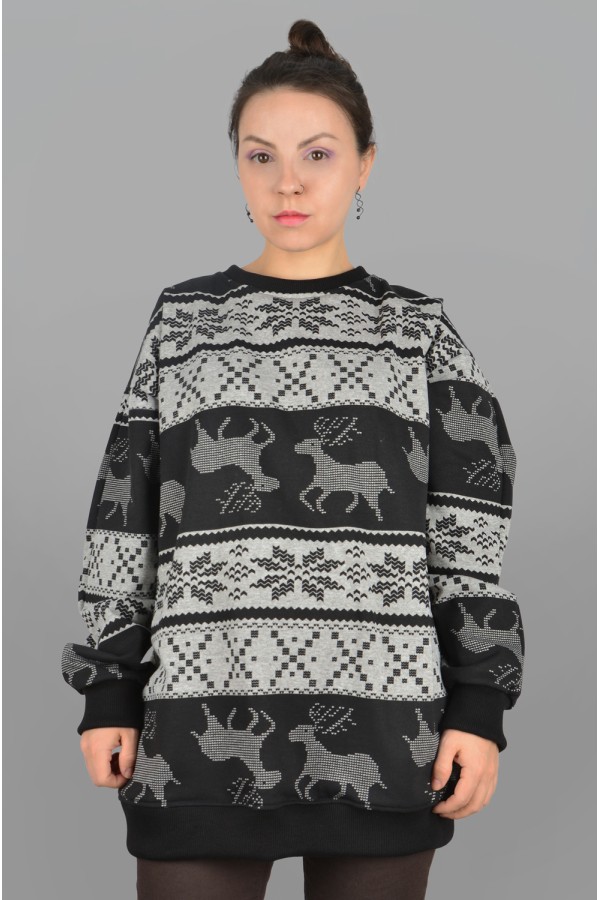  Sweatshirt oversize deer woman winter S-46-Unisex-(Женский)    Свитшот с оленями оверсайз женский 