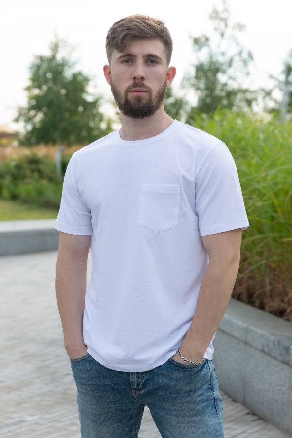  мужская футболка белая с нагрудным карманом XS-44-Unisex-(Мужской)    Мужская белая футболка с нагрудным кармашком 