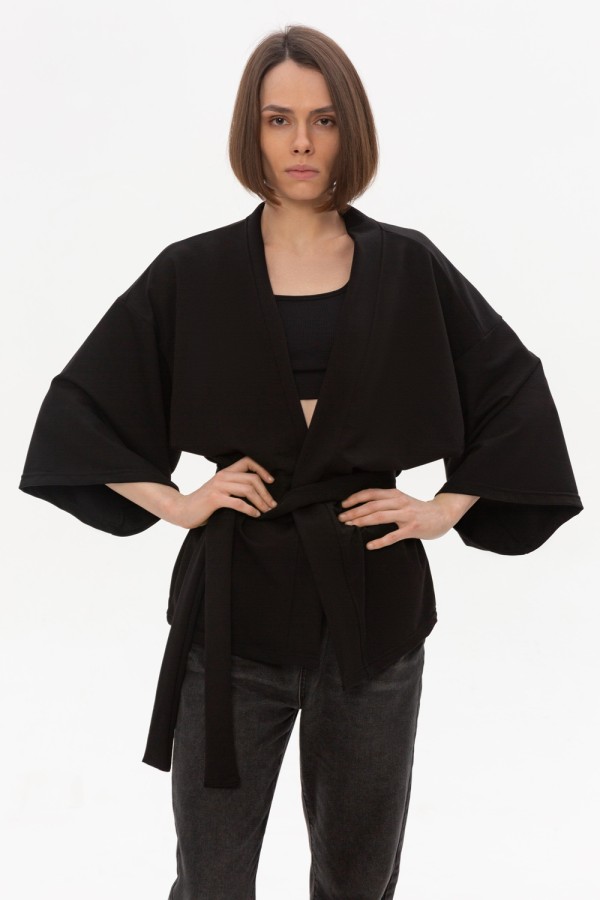  Black Kimono Jacket Woman summer jersey L-44-46-Woman-(Женский)    Женский черный жакет кимоно трикотажный 220гр/м2| Black woman kimono jacket 