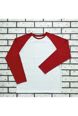 Мужской лонгслив белый с красным контрастный трикотажный белая основа красный рукав