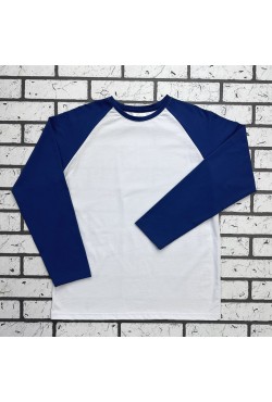 Мужской лонгслив белый-индиго контрастный трикотажный белая основа, рукав индиго