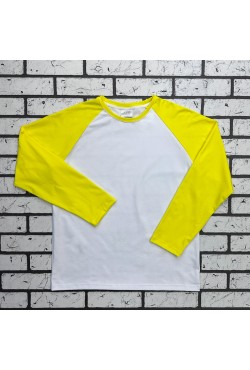 Мужской лонгслив белый-желтый контрастный трикотажный белая основа, желтый рукав