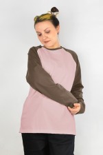  Longsleeve powder-cocoa brown woman XS-38-40-Woman-(Женский)    Женский лонгслив реглан контрастный трикотажный: пудровая основа коричневый рукав 