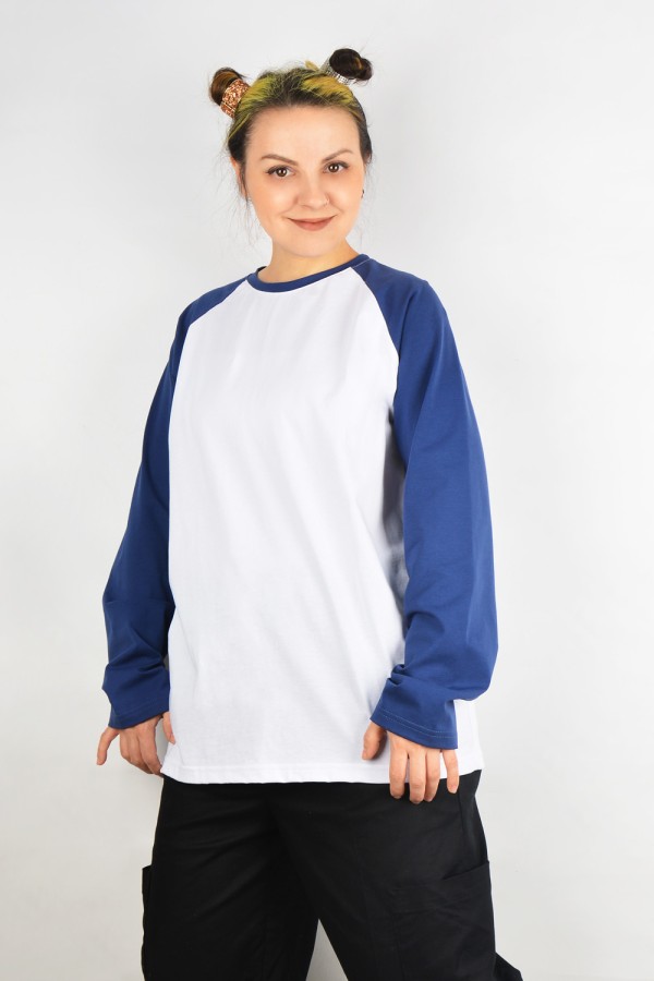  Longsleeve white-indigo woman L-44-46-Woman-(Женский)    Женский лонгслив белый-индиго контрастный трикотажный белая основа темно-синий рукав 
