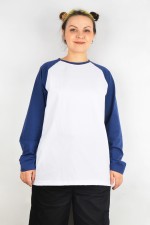 Женский лонгслив белый-индиго контрастный трикотажный белая основа темно-синий рукав   Магазин Толстовок Контрастный лонгслив женский