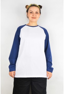 Женский лонгслив белый-индиго контрастный трикотажный белая основа темно-синий рукав