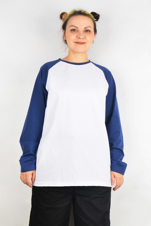 Женский лонгслив белый-индиго контрастный трикотажный белая основа темно-синий рукав   Магазин Толстовок Контрастный лонгслив женский