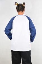 Женский лонгслив белый-индиго контрастный трикотажный белая основа темно-синий рукав   Магазин Толстовок Контрастный лонгслив женский