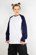  Longsleeve white-navy woman 3XL-50-52-Woman-(Женский)    Женский лонгслив реглан белый с темно-синим контрастный трикотажный белая основа синий рукав 