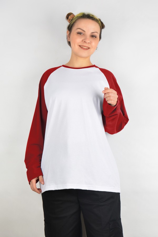 Женский лонгслив белый с красным контрастный трикотажный белая основа красный рукав   Магазин Толстовок Контрастный лонгслив женский