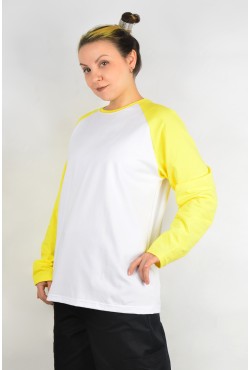 Женский лонгслив белый с желтым контрастный трикотажный: белая основа желтый рукав