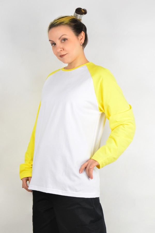  Longsleeve yellow-white woman L-44-46-Woman-(Женский)    Женский лонгслив белый с желтым контрастный трикотажный: белая основа желтый рукав 
